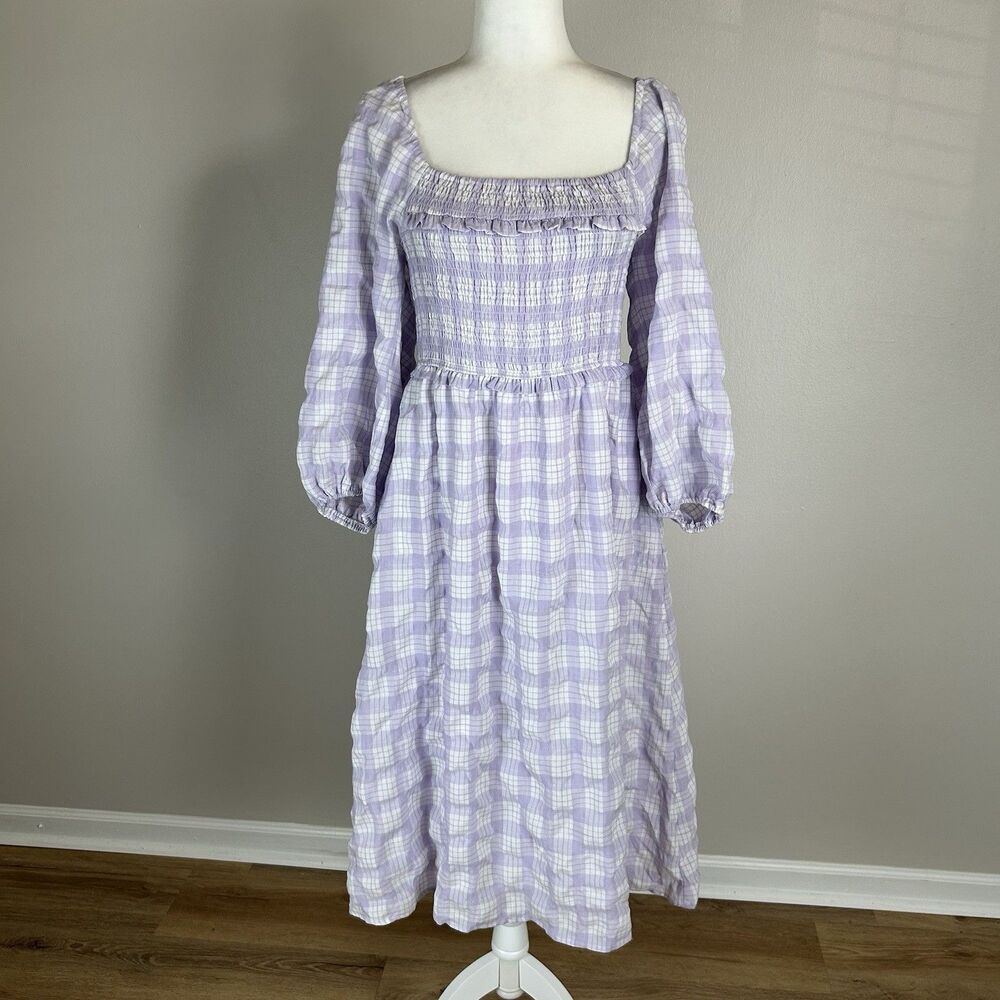 Sugarfox LA Size L Midi Dress Purple Plaid Peasant Prairie Cottagecore Ruffle
